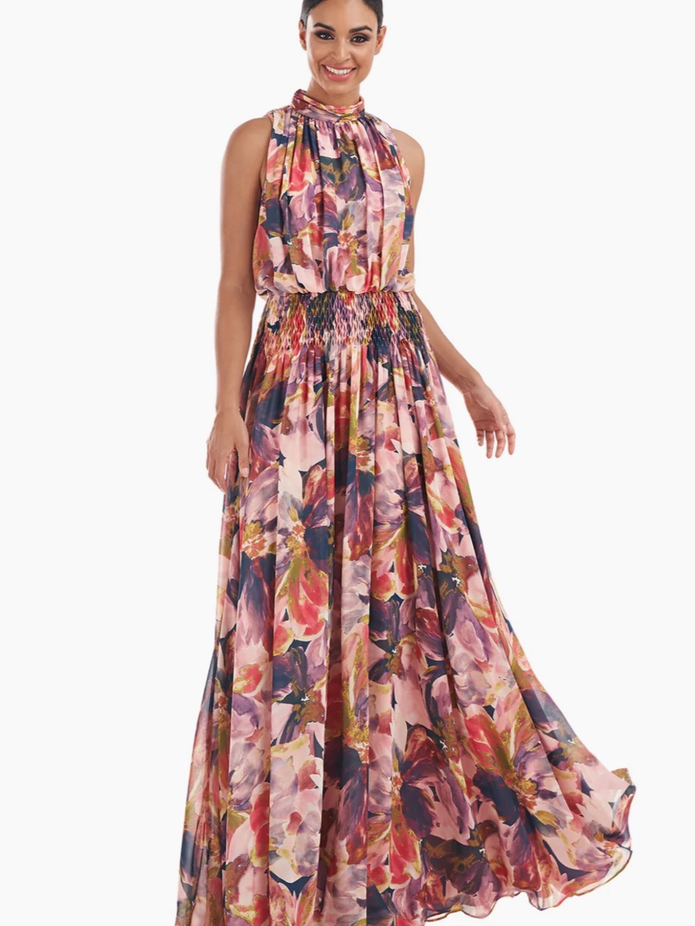 Kay Unger Pink Floral Halter Maxi Dress